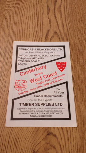 West Coast v Canterbury June 1989 Rugby Programme