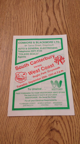 West Coast v South Canterbury Sept 1990 Rugby Programme