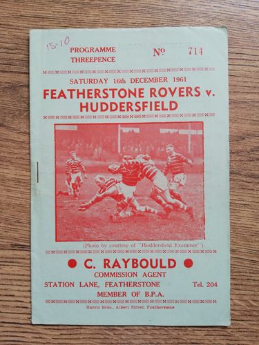 Featherstone v Huddersfield Dec 1961 Rugby League Programme