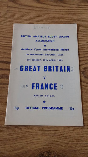 Great Britain v France Amateur Youth Apr 1975 Rugby League Programme