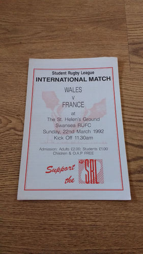 Wales Students v France Students 1992 Rugby League Programme