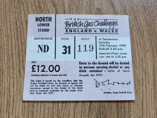 England v Wales 1990 Used Rugby Ticket