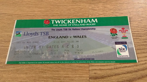 England v Wales 2000 Rugby Ticket