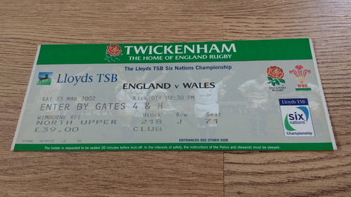 England v Wales 2002 Rugby Ticket