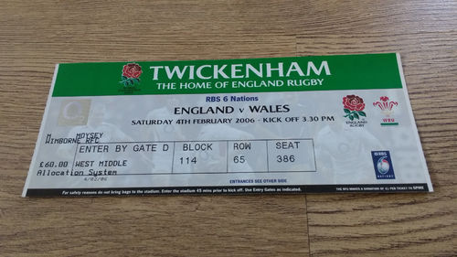 England v Wales 2006 Rugby Ticket