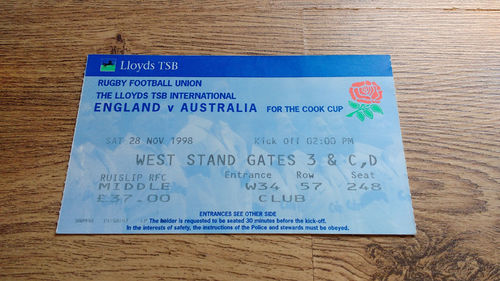 England v Australia 1998 Rugby Ticket