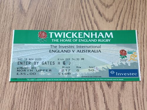 England v Australia 2000 Rugby Ticket