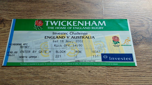 England v Australia 2002 Rugby Ticket