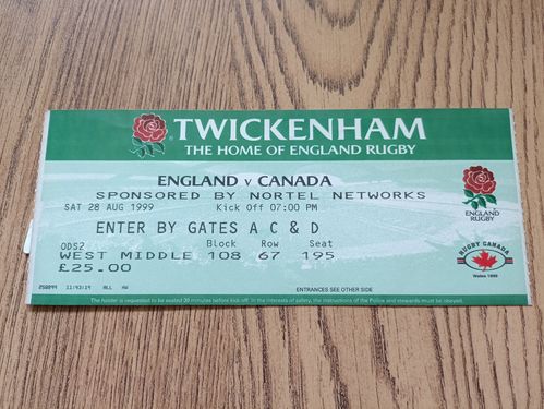 England v Canada 1999 Rugby Ticket