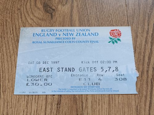 England v New Zealand Dec 1997 Used Rugby Ticket