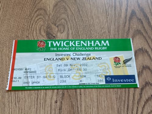 England v New Zealand 2002 Used Rugby Ticket