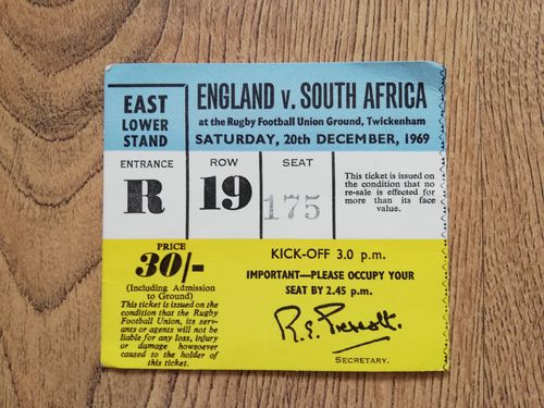 England v South Africa 1969 Used Rugby Ticket