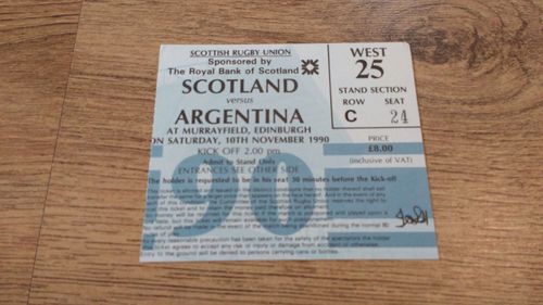 Scotland v Argentina 1990 Rugby Ticket