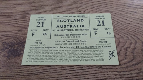 Scotland v Australia 1975 Rugby Ticket
