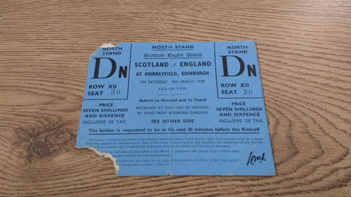 Scotland v England 1939 Rugby Ticket