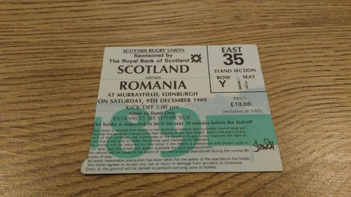 Scotland v Romania 1989 Rugby Ticket