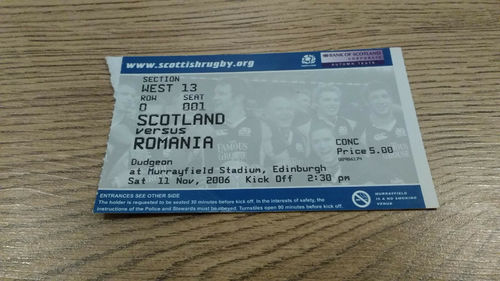 Scotland v Romania 2006 Rugby Ticket