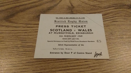 Scotland v Wales 1949 Rugby Press Ticket