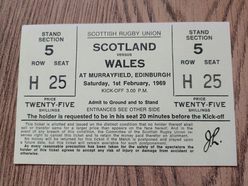 Scotland v Wales 1969 Rugby Ticket