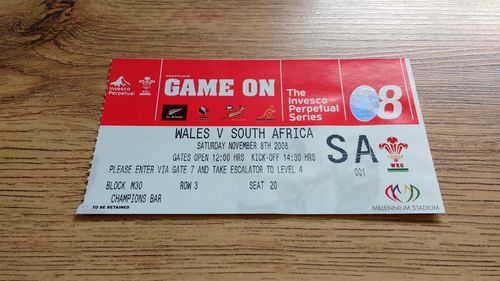 Wales v South Africa 2008 Used Rugby Ticket