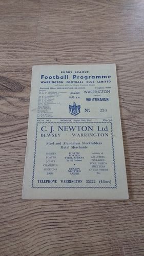 Warrington v Whitehaven Aug 1962 Rugby League Programme