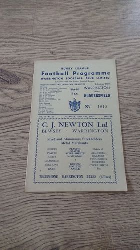 Warrington v Huddersfield Apr 1963 Rugby League Programme