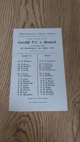 Hawick v Cardiff TC (single sheet) Apr 1970 Rugby Programme