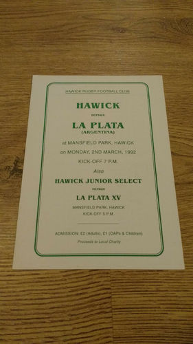 Hawick v La Planta (Argentina) Mar 1992 Rugby Programme