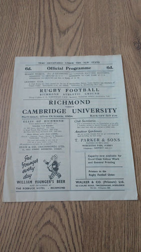 Richmond v Cambridge University Oct 1958 Rugby Programme