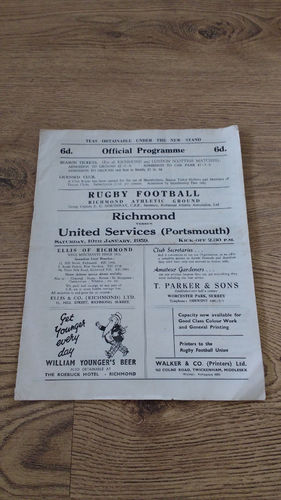Richmond v United Services (Portsmouth) Jan 1959 Rugby Programme