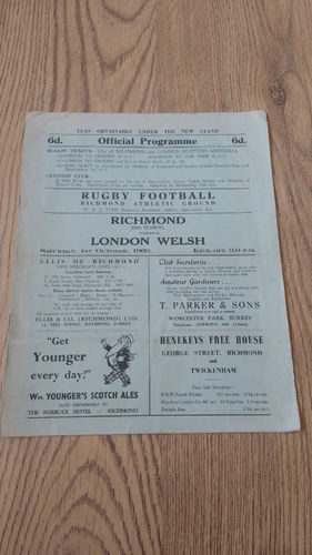Richmond v London Welsh Oct 1960 Rugby Programme