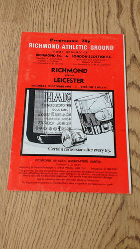 Richmond v Leicester Oct 1981 Rugby Programme