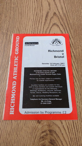 Richmond v Bristol JP Special Cup Feb 1987 Rugby Programme