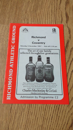 Richmond v Coventry Dec 1987 Rugby Programme
