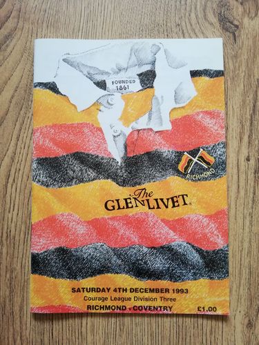 Richmond v Coventry Dec 1993 Rugby Programme