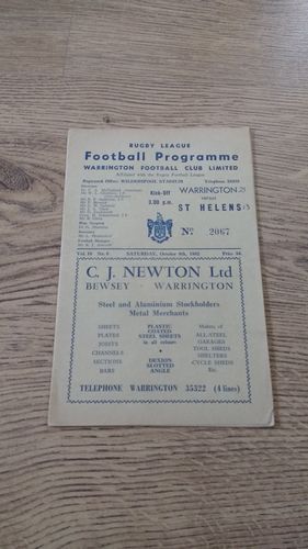 Warrington v St Helens Oct 1962 Rugby League Programme