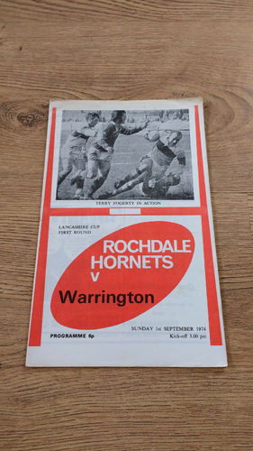 Rochdale Hornets v Warrington Lancs Cup Sept 1974 Rugby League Programme