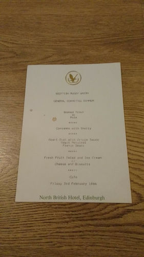 Scotland v England 1984 Rugby Committee Dinner Menu