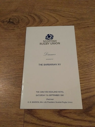 Scotland v Barbarians 1991 Rugby Dinner Menu & Guest List
