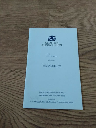 Scotland v England 1992 Rugby Dinner Menu & Guest List