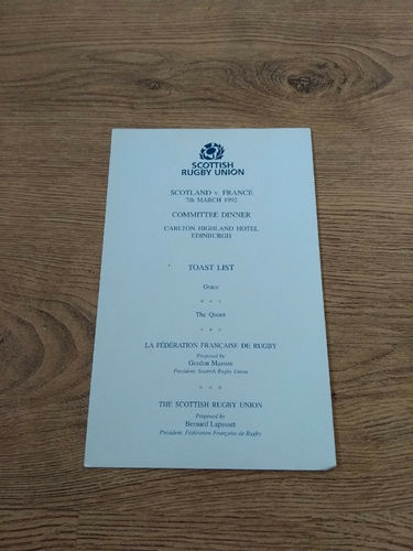 Scotland v France 1992 Committee Rugby Dinner Menu