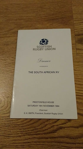 Scotland v South Africa 1994 Rugby Dinner Menu & Guest List
