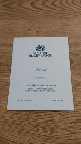 Scotland v England 1996 Princess Royal Rugby Lunch Menu