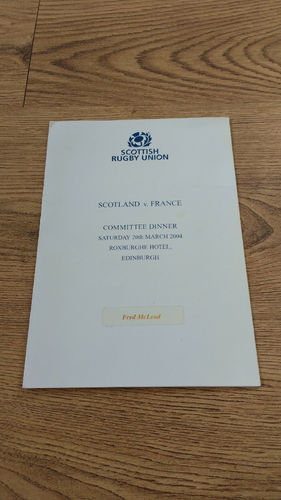 Scotland v France 2004 Committee Rugby Dinner Menu