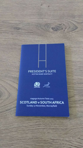 Scotland v South Africa 2013 Rugby Dinner Menu & Guest List