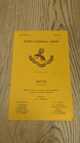 Wasps v Penarth Sept 1977 Rugby Programme
