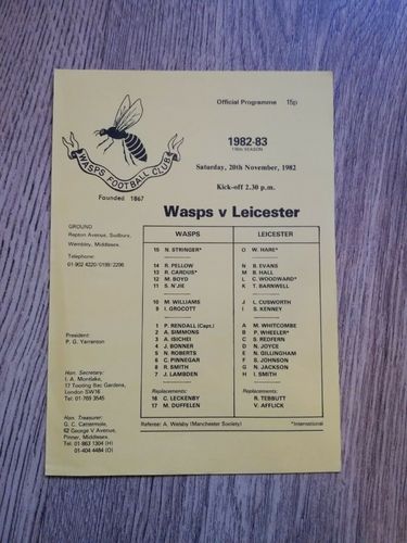 Wasps v Leicester Nov 1982 Rugby Programme