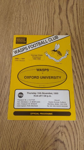 Wasps v Oxford University Nov 1990 Rugby Programme