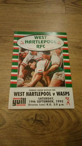 West Hartlepool v Wasps Sept 1992 Rugby Programme