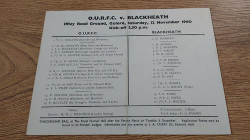 Oxford University v Blackheath Nov 1960 Rugby Programme